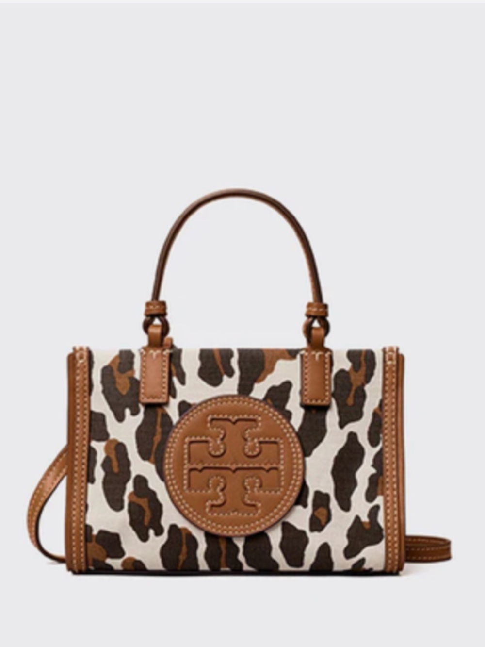 Tory Burch Leopard Print Leather-Trim Crossbody in Brown and Cream